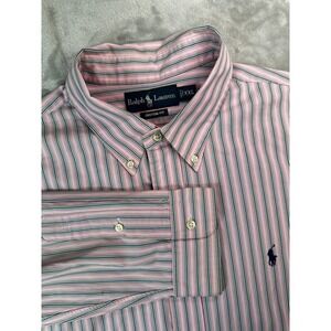 Ralph Lauren Shirt Mens 2XL Pink Striped Button Down Custom Fit Long Sleeve